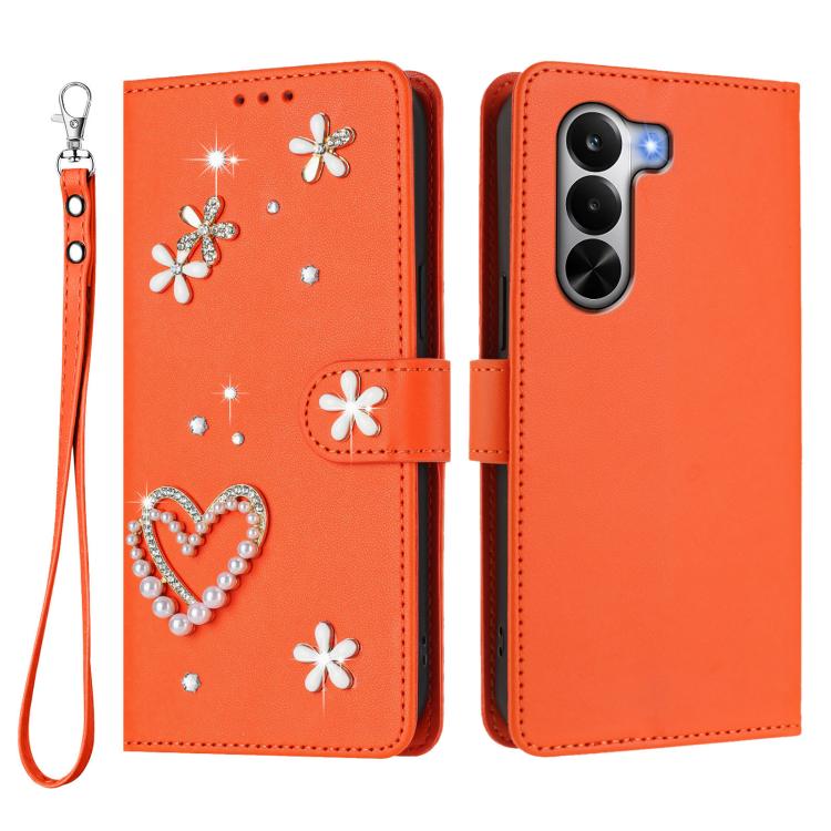 For Realme P4x 5G ZS01 Double-Layer Heart Floral Vegan Leather Phone Case with Wrist Strap