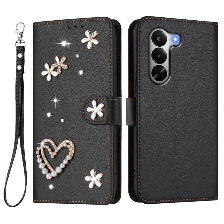 For Realme P4x 5G ZS01 Double-Layer Heart Floral Vegan Leather Phone Case with Wrist Strap