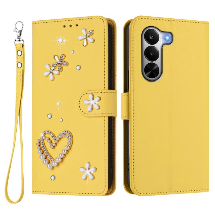 For Realme P4x 5G ZS01 Double-Layer Heart Floral Vegan Leather Phone Case with Wrist Strap
