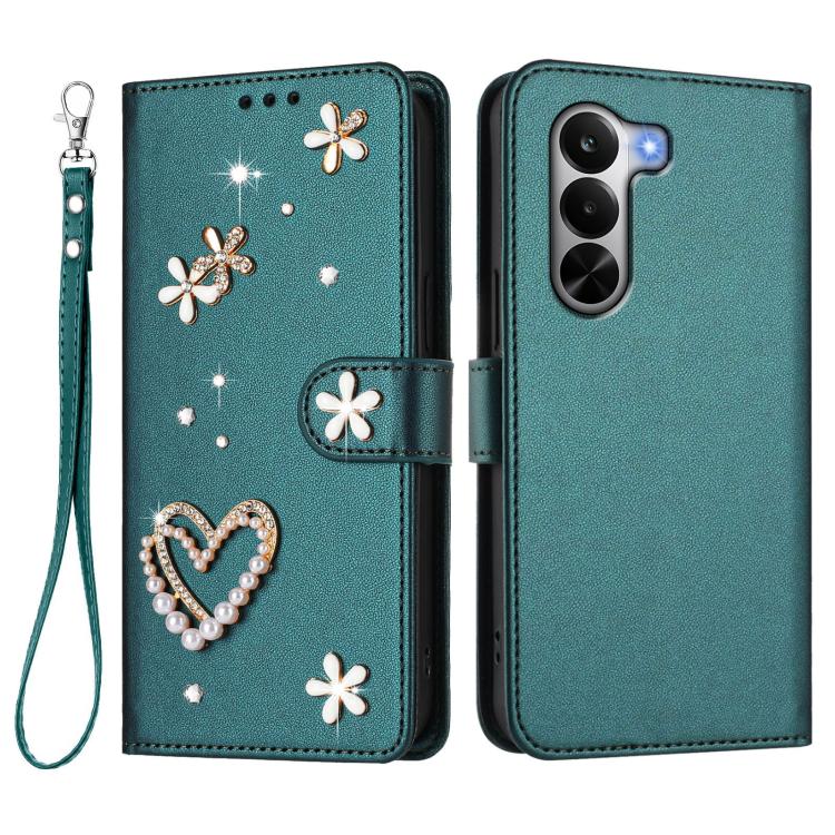 For Realme P4x 5G ZS01 Double-Layer Heart Floral Vegan Leather Phone Case with Wrist Strap