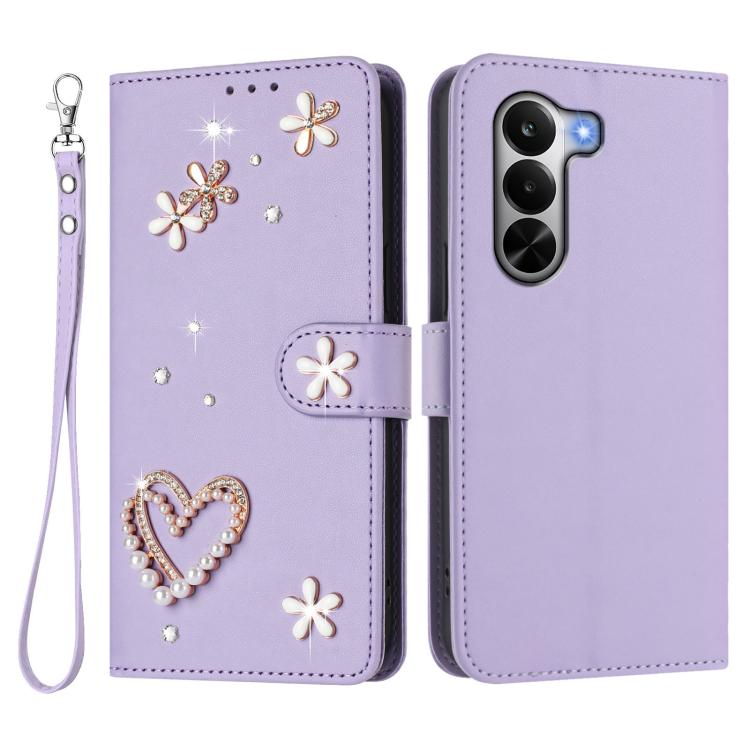 For Realme P4x 5G ZS01 Double-Layer Heart Floral Vegan Leather Phone Case with Wrist Strap