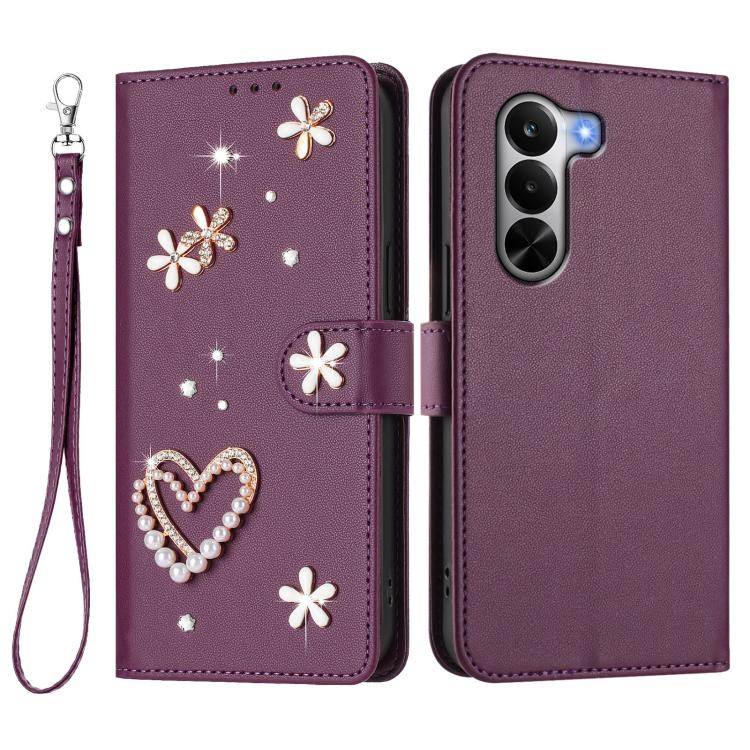 For Realme P4x 5G ZS01 Double-Layer Heart Floral Vegan Leather Phone Case with Wrist Strap