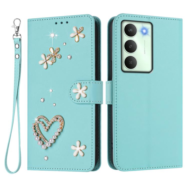 For Realme V70 5G / 14x Global ZS01 Double-Layer Heart Floral Vegan Leather Phone Case with Wrist Strap