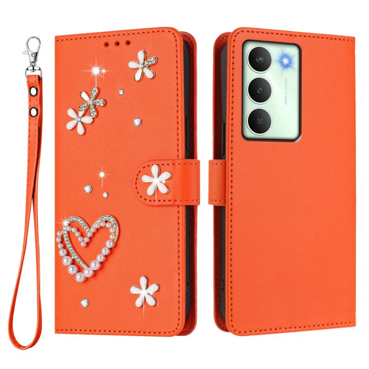 For Realme V70 5G / 14x Global ZS01 Double-Layer Heart Floral Vegan Leather Phone Case with Wrist Strap