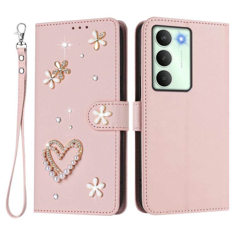 For Realme V70 5G / 14x Global ZS01 Double-Layer Heart Floral Vegan Leather Phone Case with Wrist Strap