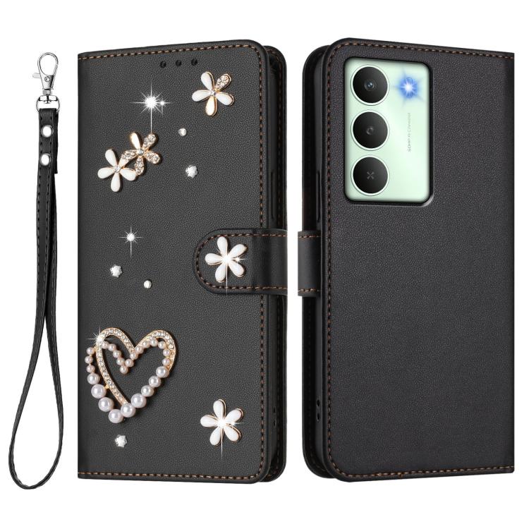 For Realme V70 5G / 14x Global ZS01 Double-Layer Heart Floral Vegan Leather Phone Case with Wrist Strap