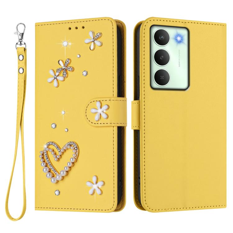 For Realme V70 5G / 14x Global ZS01 Double-Layer Heart Floral Vegan Leather Phone Case with Wrist Strap