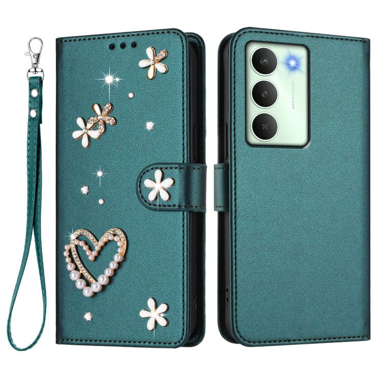 For Realme V70 5G / 14x Global ZS01 Double-Layer Heart Floral Vegan Leather Phone Case with Wrist Strap