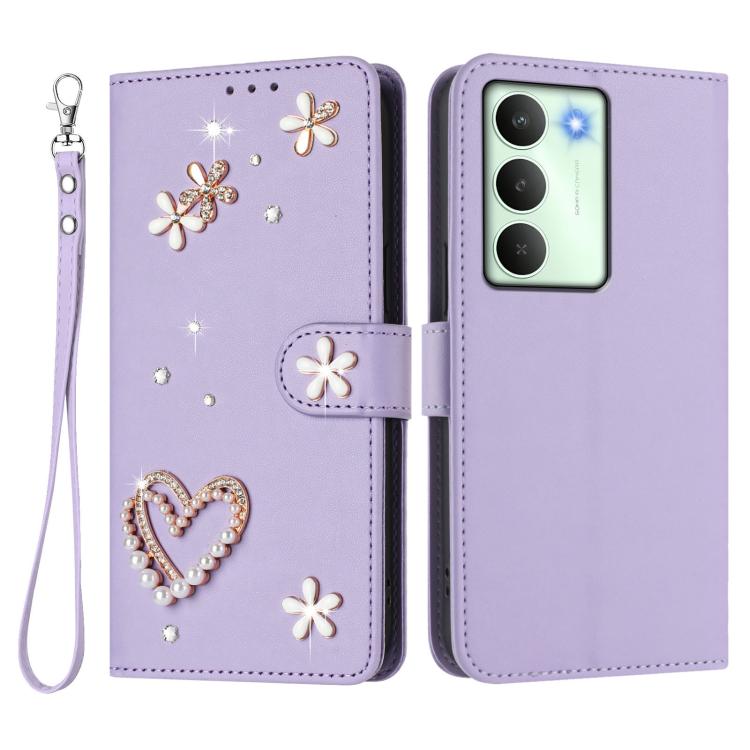 For Realme V70 5G / 14x Global ZS01 Double-Layer Heart Floral Vegan Leather Phone Case with Wrist Strap