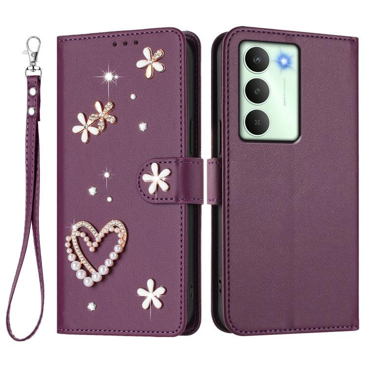 For Realme V70 5G / 14x Global ZS01 Double-Layer Heart Floral Vegan Leather Phone Case with Wrist Strap