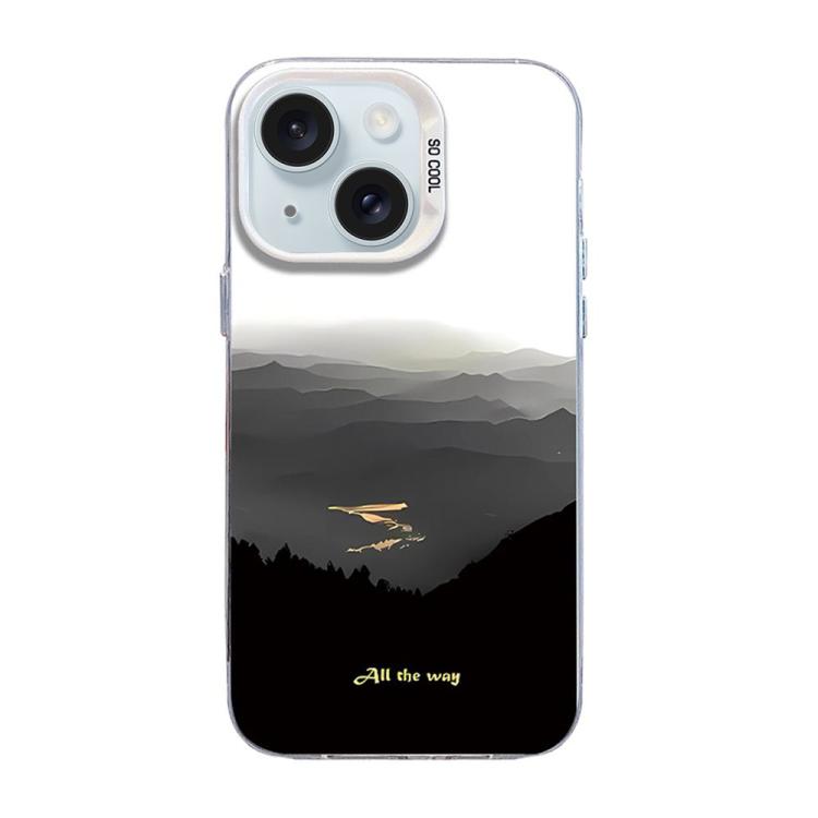 For iPhone 15 Mountain Pattern Color Silver PC Hybrid TPU Phone Case