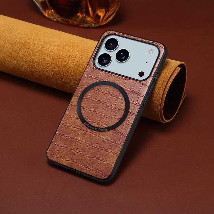 For iPhone 17 Pro Denior A09 Crocodile Texture PU Vegan Leather Magnetic Phone Case