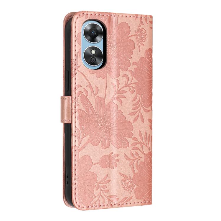 For OPPO A17 4G Global / A17k Sunflower Embossed Vegan Leather Phone Case with Small Black Rope