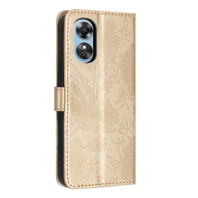 For OPPO A17 4G Global / A17k Sunflower Embossed Vegan Leather Phone Case with Small Black Rope