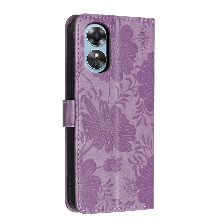 For OPPO A17 4G Global / A17k Sunflower Embossed Vegan Leather Phone Case with Small Black Rope