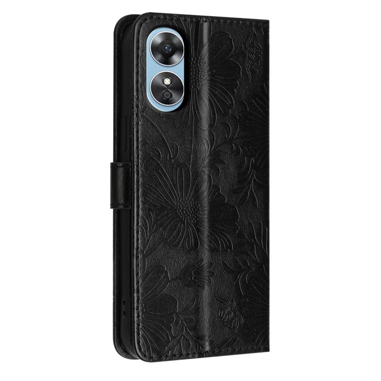 For OPPO A17 4G Global / A17k Sunflower Embossed Vegan Leather Phone Case with Small Black Rope