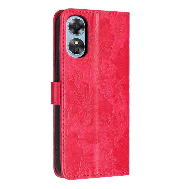 For OPPO A17 4G Global / A17k Sunflower Embossed Vegan Leather Phone Case with Small Black Rope