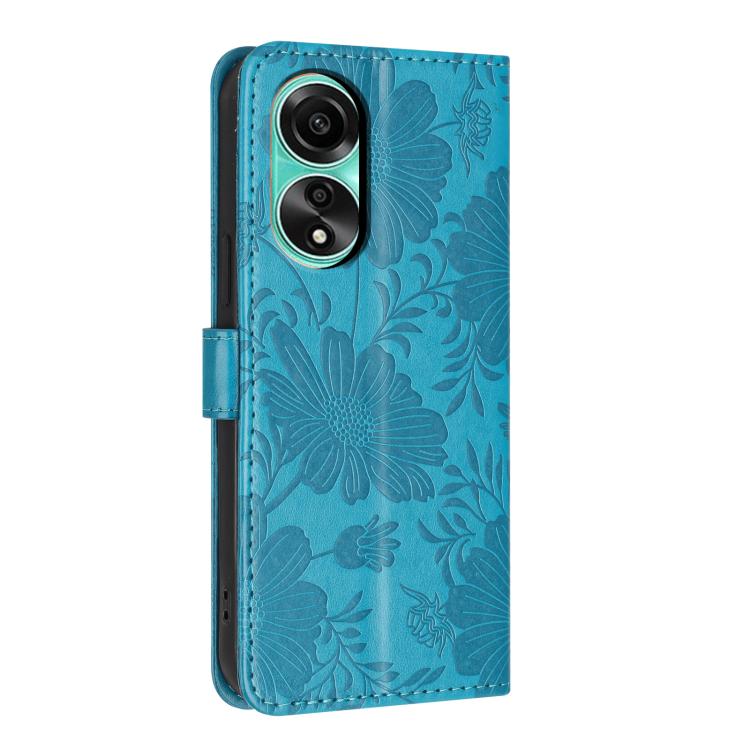For OPPO A78 4G Global Sunflower Embossed Vegan Leather Phone Case with Small Black Rope