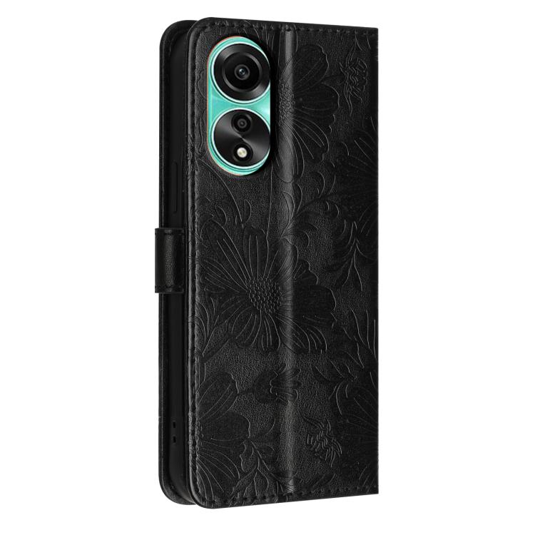 For OPPO A78 4G Global Sunflower Embossed Vegan Leather Phone Case with Small Black Rope