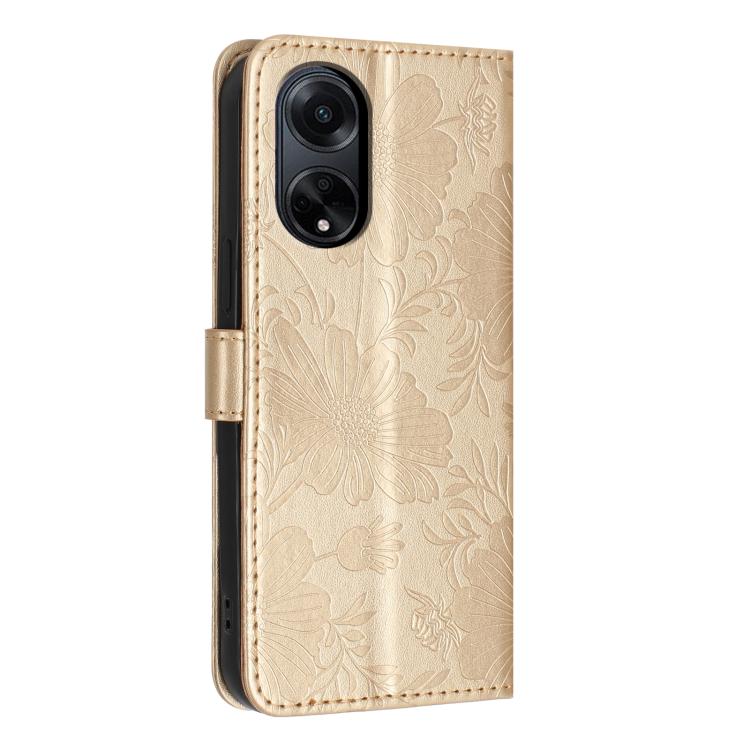 For OPPO A98 Sunflower Embossed Vegan Leather Phone Case with Small Black Rope