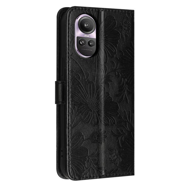 For OPPO Reno10 5G / Reno10 Pro 5G Sunflower Embossed Vegan Leather Phone Case with Small Black Rope