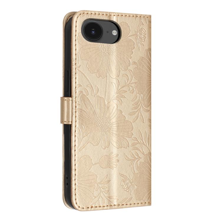 For iPhone 16e / 17e Sunflower Embossed Vegan Leather Phone Case with Small Black Rope