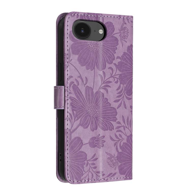 For iPhone 16e / 17e Sunflower Embossed Vegan Leather Phone Case with Small Black Rope