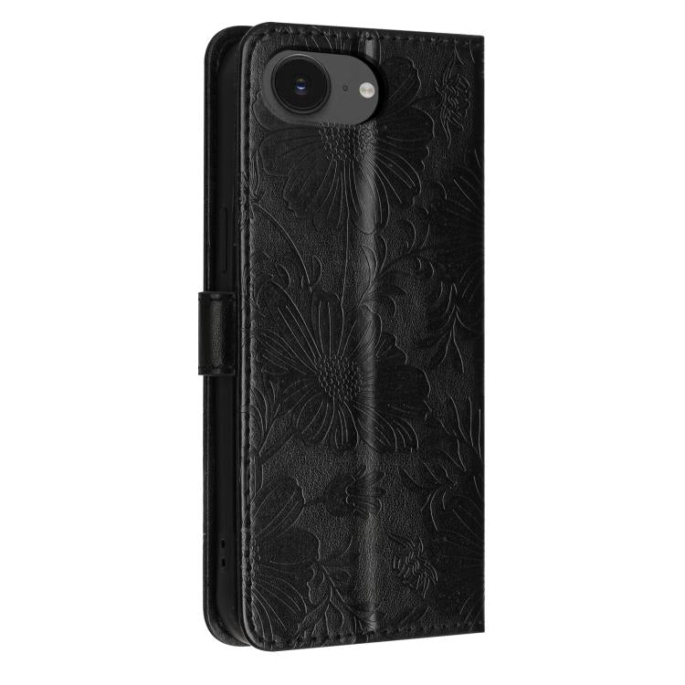 For iPhone 16e / 17e Sunflower Embossed Vegan Leather Phone Case with Small Black Rope