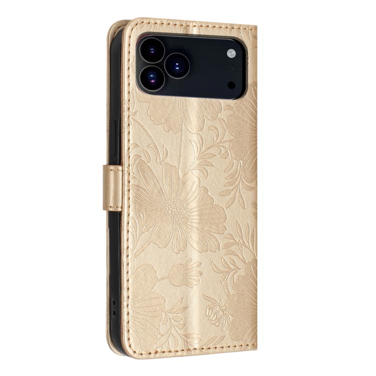 For iPhone 17 Pro Max Sunflower Embossed Vegan Leather Phone Case with Small Black Rope