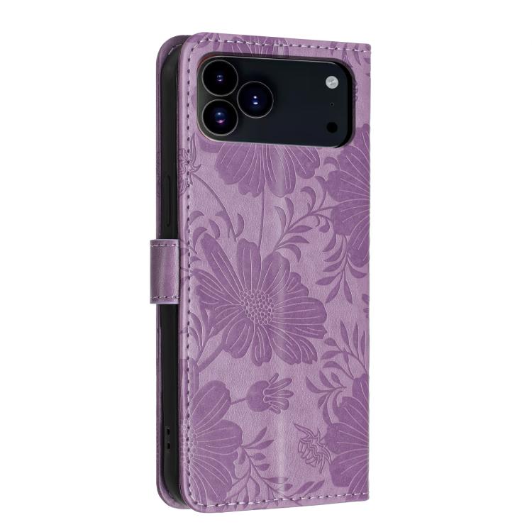 For iPhone 17 Pro Max Sunflower Embossed Vegan Leather Phone Case with Small Black Rope
