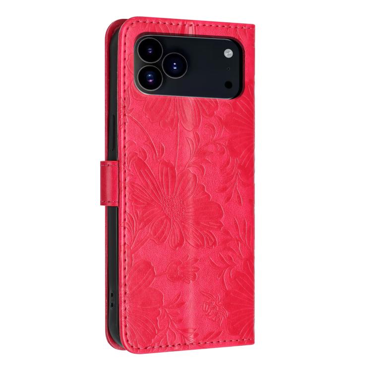 For iPhone 17 Pro Max Sunflower Embossed Vegan Leather Phone Case with Small Black Rope