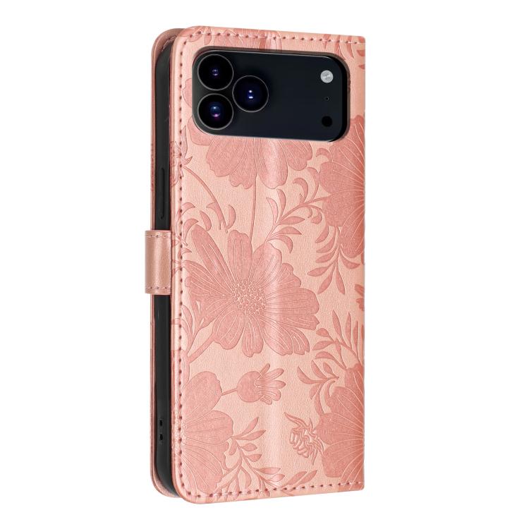 For iPhone 17 Pro Sunflower Embossed Vegan Leather Phone Case with Small Black Rope