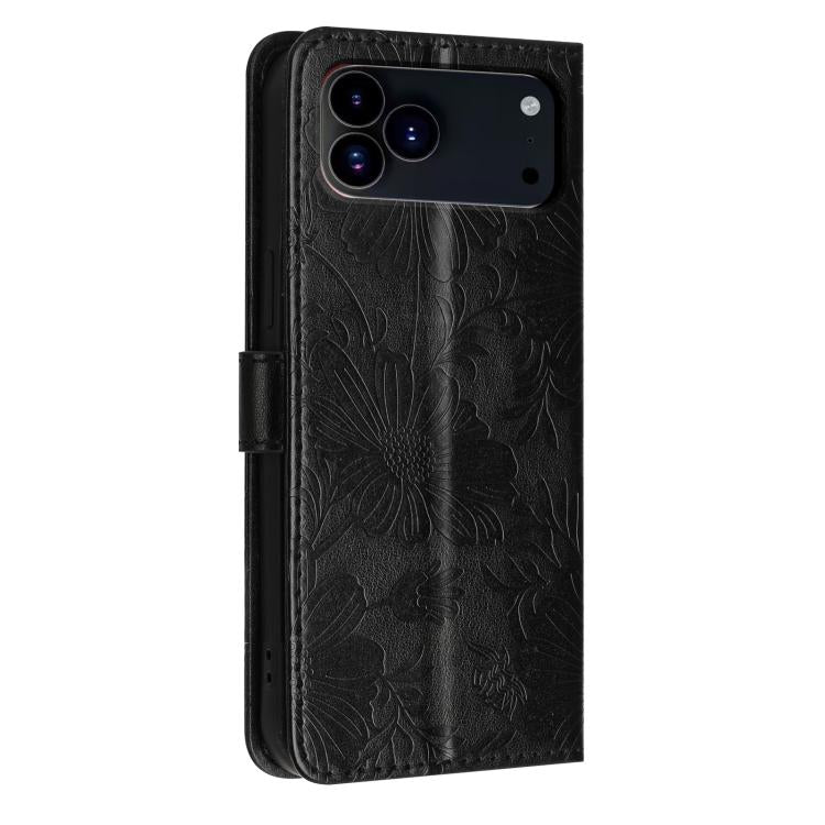For iPhone 17 Pro Sunflower Embossed Vegan Leather Phone Case with Small Black Rope