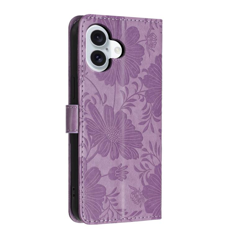 For iPhone 17 Sunflower Embossed Vegan Leather Phone Case with Small Black Rope