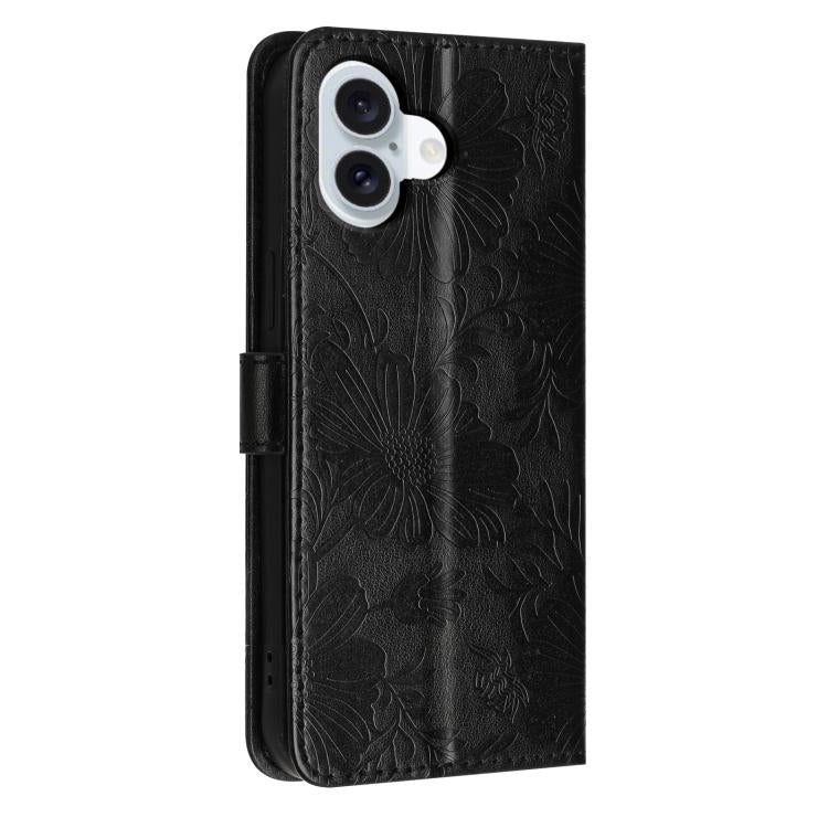 For iPhone 17 Sunflower Embossed Vegan Leather Phone Case with Small Black Rope