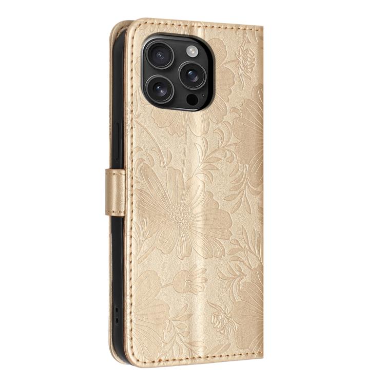 For iPhone 16 Pro Max Sunflower Embossed Vegan Leather Phone Case with Small Black Rope