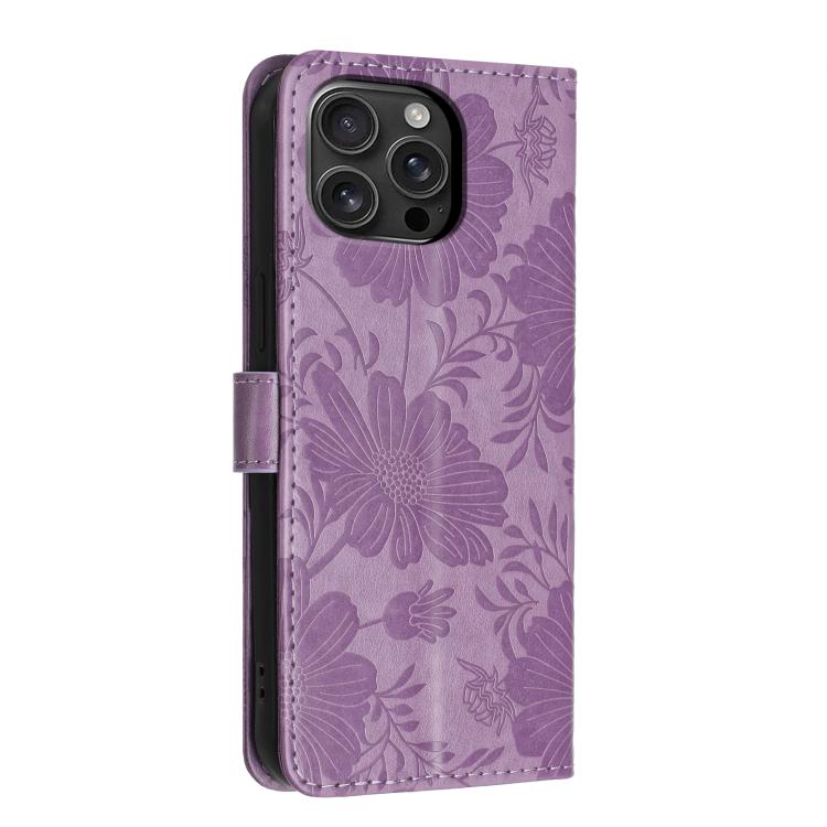 For iPhone 16 Pro Max Sunflower Embossed Vegan Leather Phone Case with Small Black Rope
