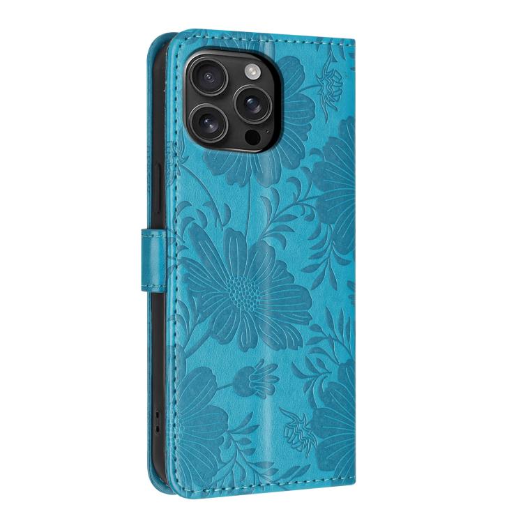 For iPhone 16 Pro Max Sunflower Embossed Vegan Leather Phone Case with Small Black Rope