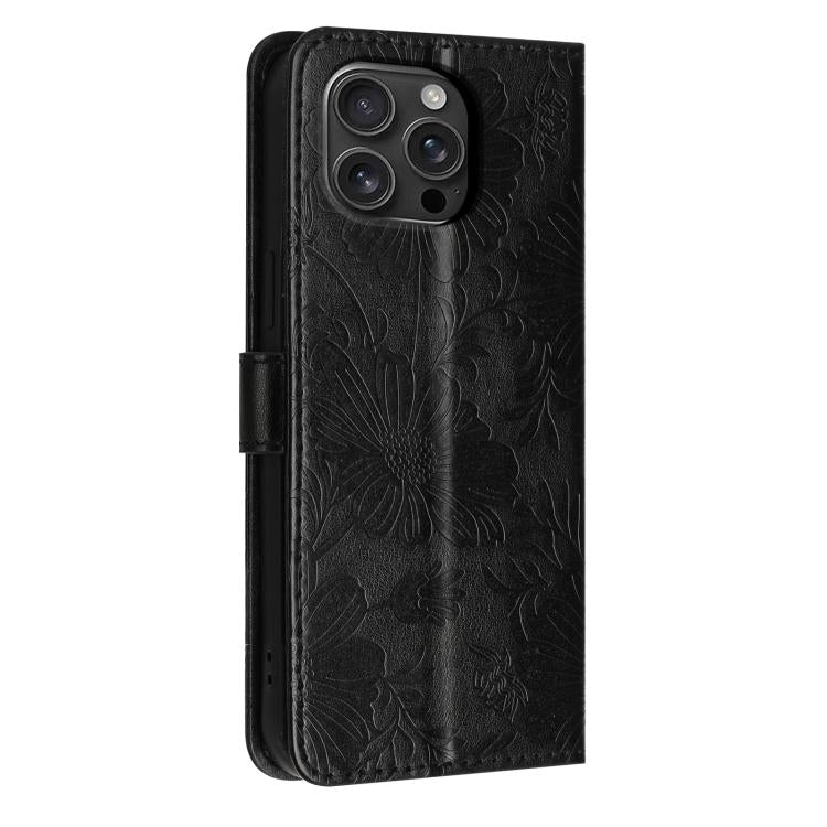 For iPhone 16 Pro Max Sunflower Embossed Vegan Leather Phone Case with Small Black Rope