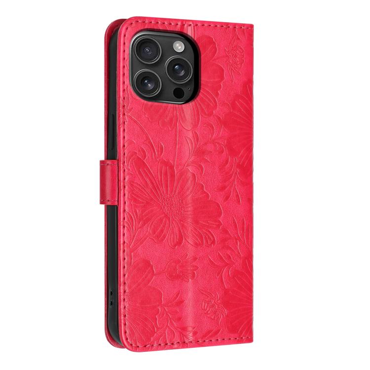 For iPhone 16 Pro Max Sunflower Embossed Vegan Leather Phone Case with Small Black Rope