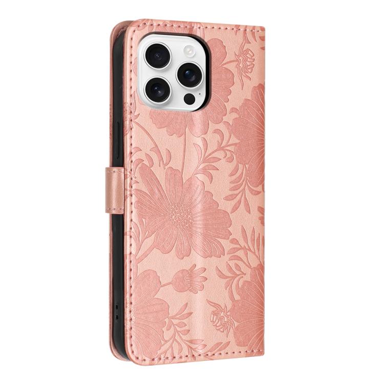 For iPhone 16 Pro Sunflower Embossed Vegan Leather Phone Case with Small Black Rope