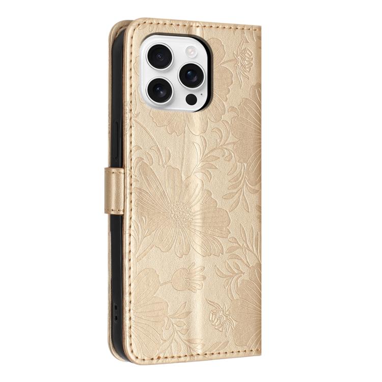 For iPhone 16 Pro Sunflower Embossed Vegan Leather Phone Case with Small Black Rope