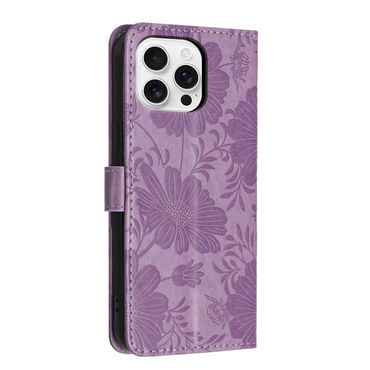 For iPhone 16 Pro Sunflower Embossed Vegan Leather Phone Case with Small Black Rope