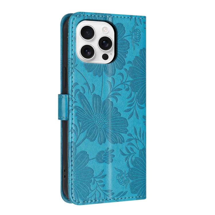 For iPhone 16 Pro Sunflower Embossed Vegan Leather Phone Case with Small Black Rope