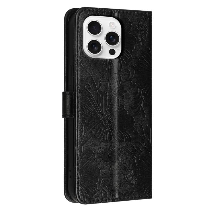 For iPhone 16 Pro Sunflower Embossed Vegan Leather Phone Case with Small Black Rope