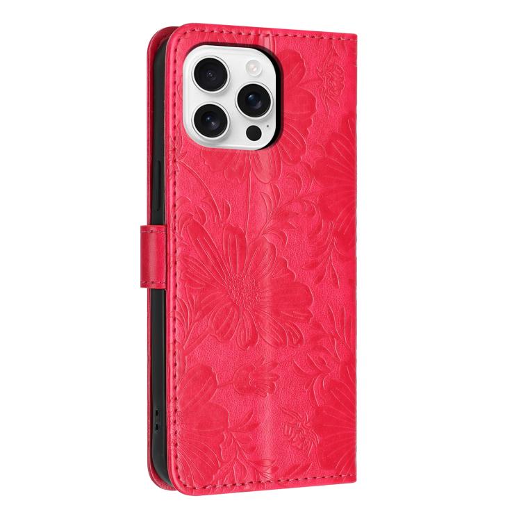 For iPhone 16 Pro Sunflower Embossed Vegan Leather Phone Case with Small Black Rope