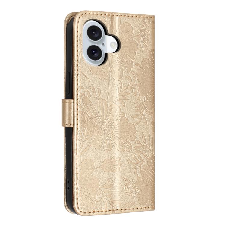 For iPhone 16 Plus Sunflower Embossed Vegan Leather Phone Case with Small Black Rope