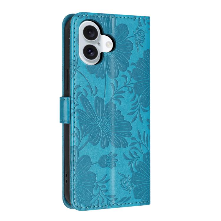 For iPhone 16 Plus Sunflower Embossed Vegan Leather Phone Case with Small Black Rope