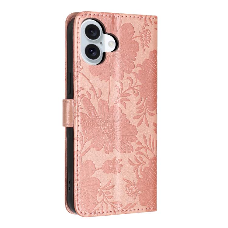 For iPhone 16 Sunflower Embossed Vegan Leather Phone Case with Small Black Rope