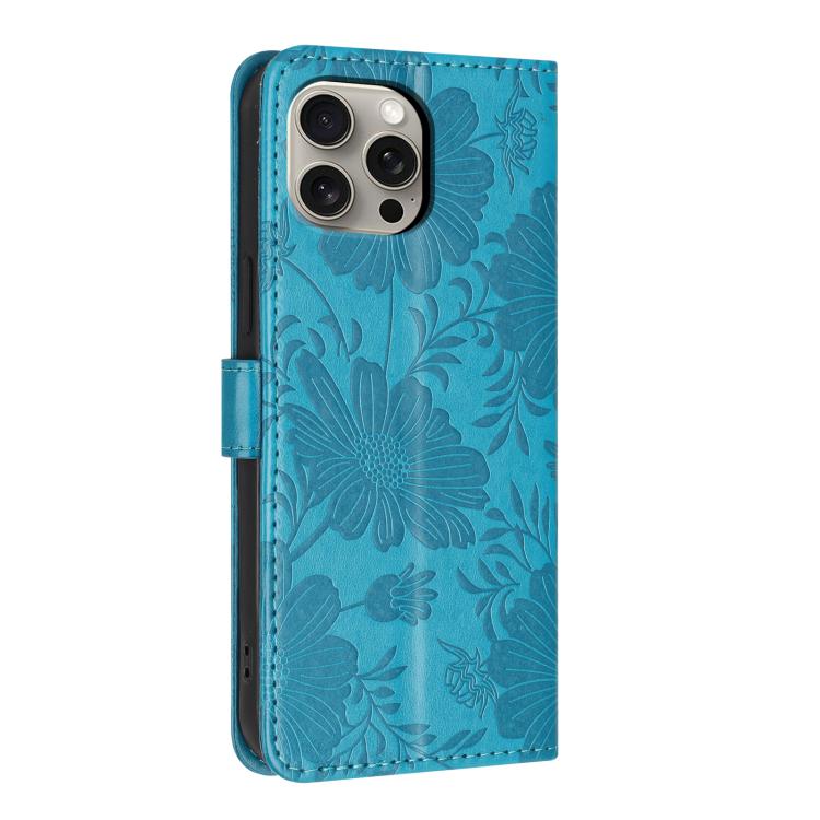 For iPhone 15 Pro Max Sunflower Embossed Vegan Leather Phone Case with Small Black Rope